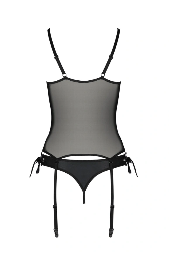 Корсет со шнуровкой Passion NESSY CORSET L/XL black, стринги с открытым доступом, пажи для чулок фото 4