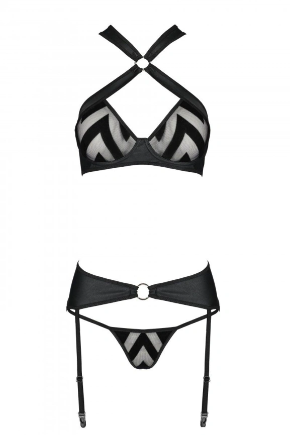 Сетчатый набор с узором, бюстгальтер, трусики, пояс для чулок Passion HIMA SET S/M black фото 5