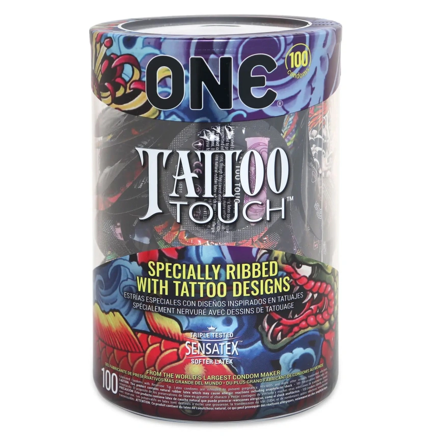 Набор презервативов ONE Tattoo Touch, 100 шт, с рельефом в виде тату, 3 разновидности, упаковка-тубус фото 1