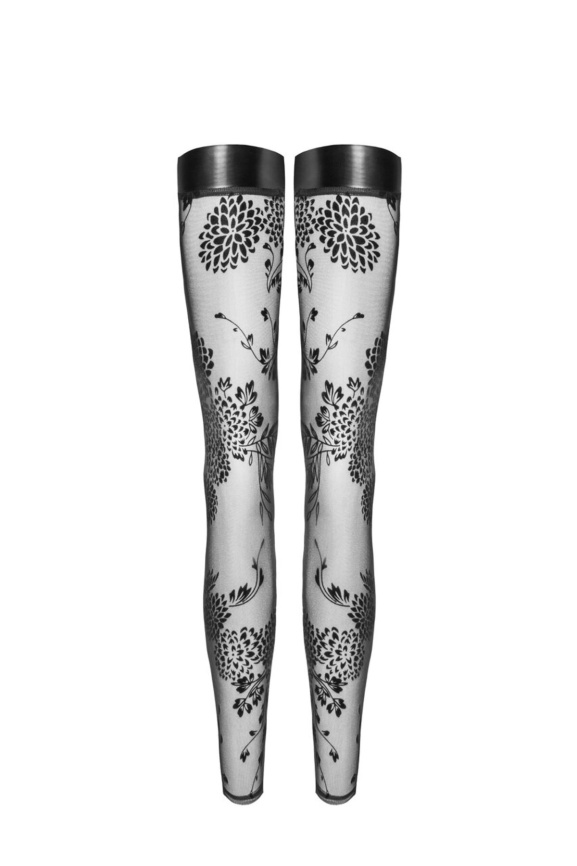 Панчохи без миска Noir Handmade F243 Tulle stockings with patterned flock embroidery, S фото 4