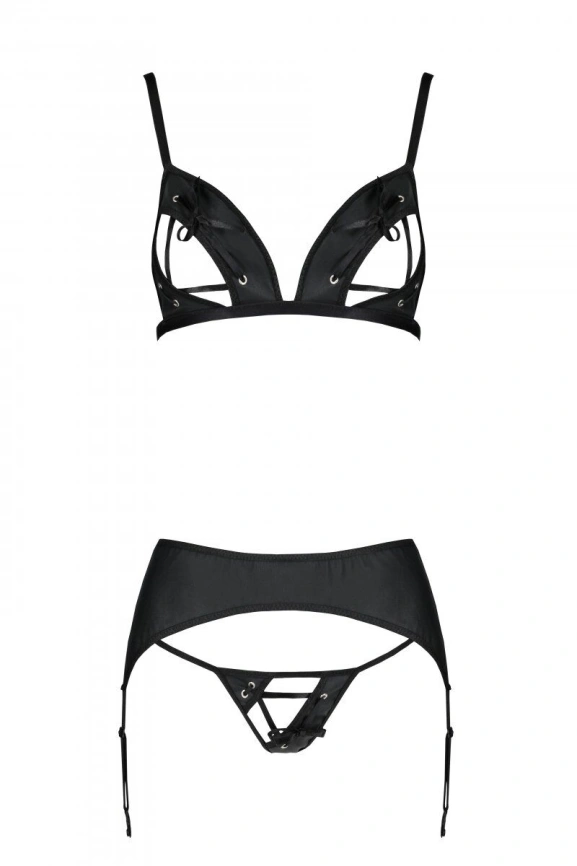 Комплект из эко-кожи Passion MILEY SET S/M, black, трусики, бюстгальтер, пояс для чулок фото 3