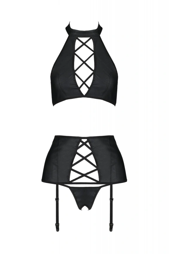 Комплект из экокожи Passion NANCY SET 4XL/5XL black, имитация шнуровки, топ, пояс для чулок фото 3