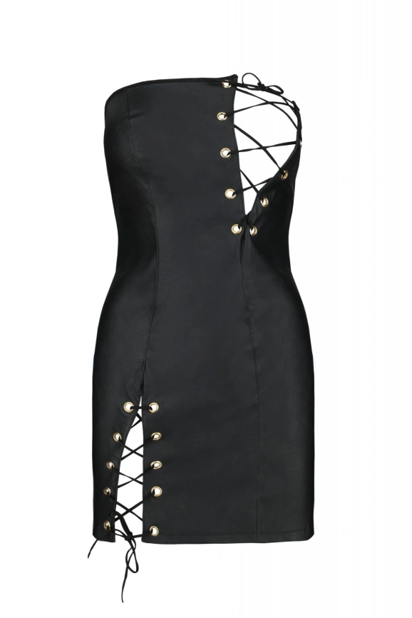 Мини-платье из экокожи Passion CELINE CHEMISE 6XL/7XL, black, шнуровка, трусики в комплекте фото 3