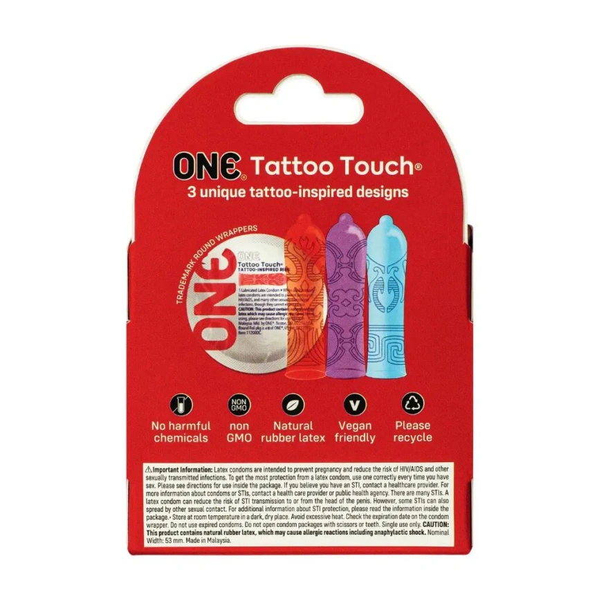 Презервативы ONE Tattoo Touch 3 шт, картонная коробка фото 2