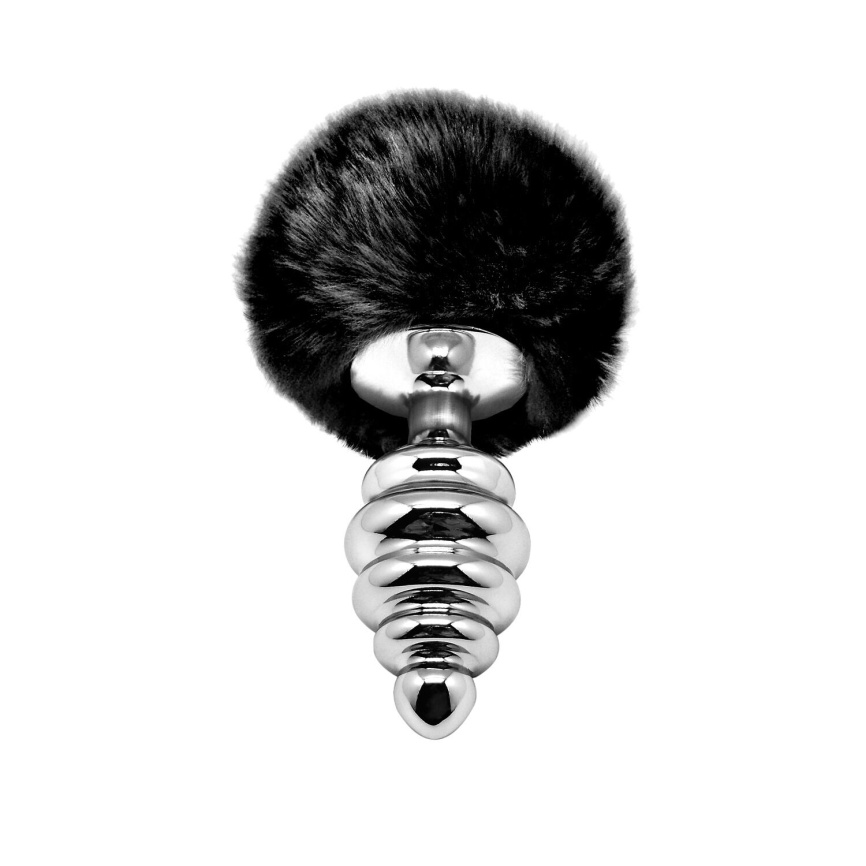 Металева анальна пробка Кролячий хвостик Alive Fluffy Twist Plug L Black, діаметр 3,8 см фото 1
