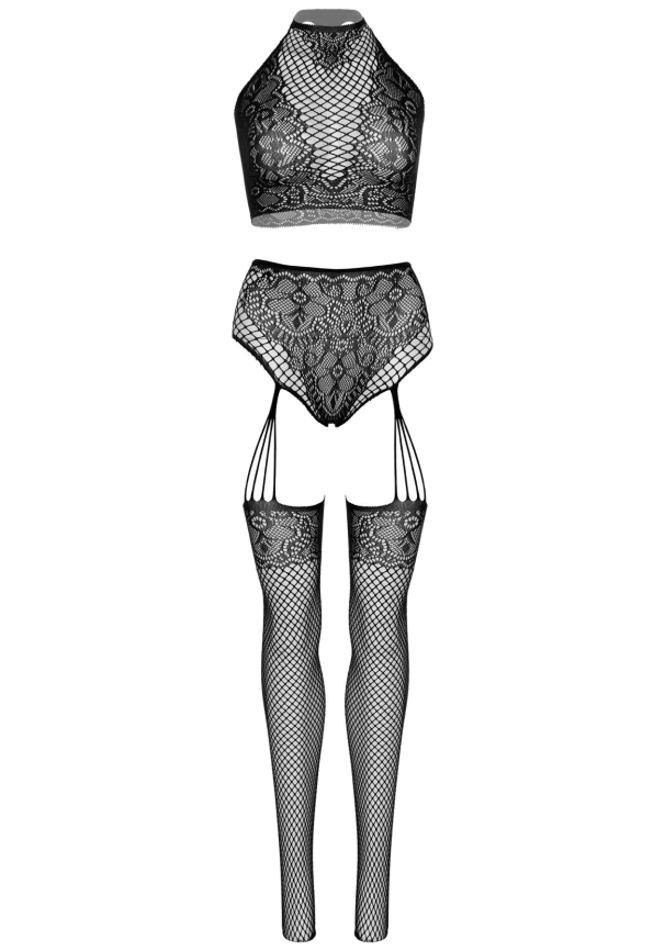 Эротический комплект Leg Avenue Crop top and garter panty Black, топ, трусики с доступом, чулки фото 4