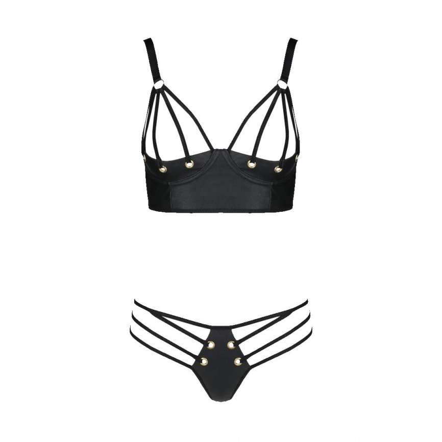 Комплект з екошкіри Passion MALWIA BIKINI 4XL/5XL black, з люверсами та ремінцями, бра, трусики фото 7