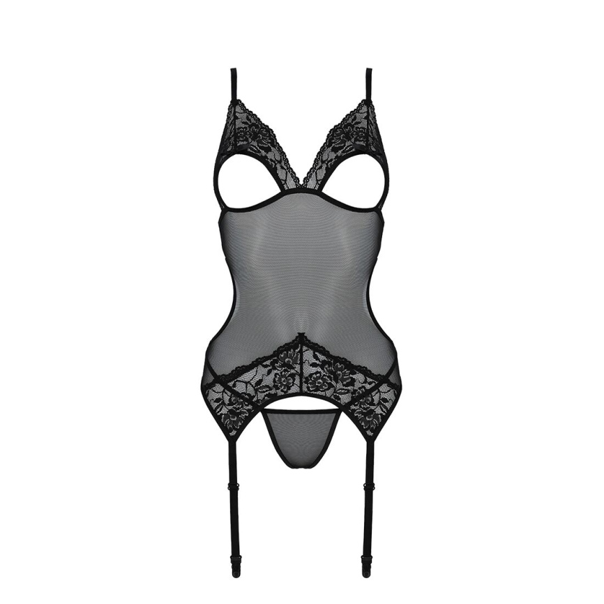 Корсет із підв’язками та ажурним ліфом Passion CHRISTA CORSET XXL/XXXL, black, стрінги в комплекті фото 5