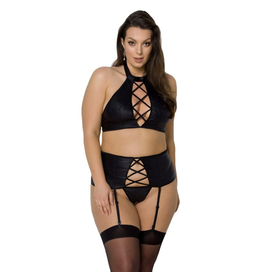 Комплект з екошкіри Passion NANCY SET 4XL/5XL black, імітація шнурівки, топ, пояс для панчіх фото 5