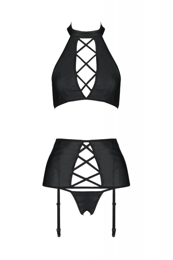 Комплект із екошкіри Passion NANCY SET 6XL/7XL black, імітація шнурівки, топ, пояс для панчіх фото 3