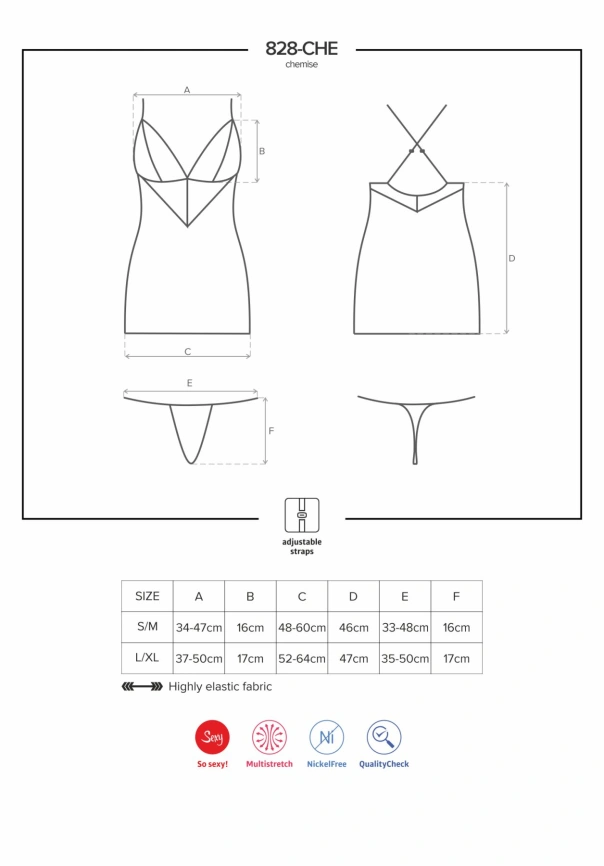 Сатиновый комплект для сна с кружевом Obsessive 828-CHE-1 chemise & thong L/XL, черный, сорочка фото 7