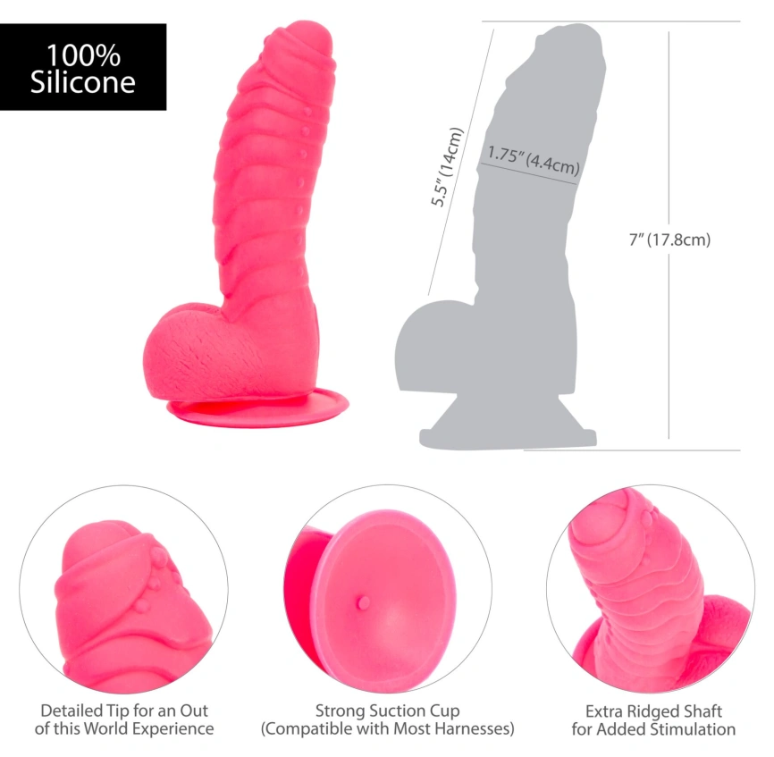 Ребристый фаллоимитатор на присоске ADDICTION — Tom 7″ Dildo With Balls — Pink, вибропуля в подарок фото 5