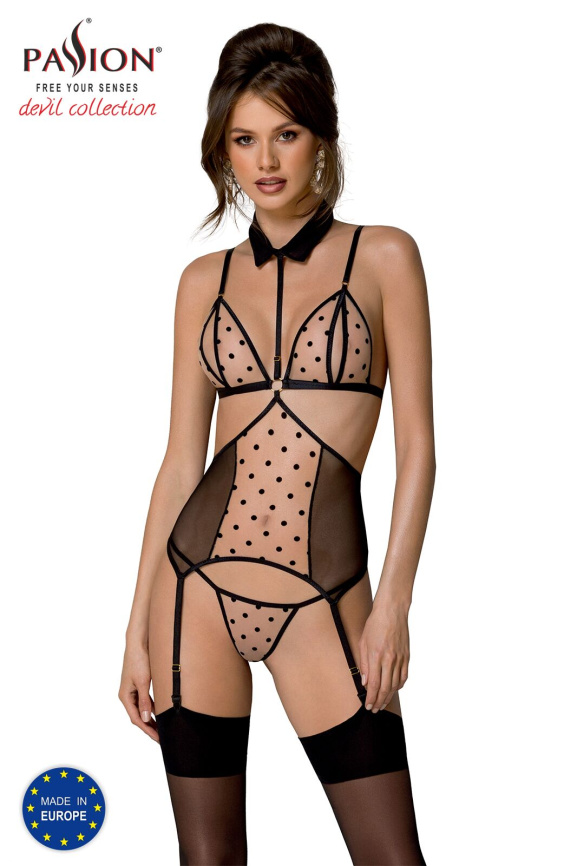 Корсет з відкритими грудьми Passion DOMINICA CORSET L/XL beige, пажі для панчіх, стрінги фото 1