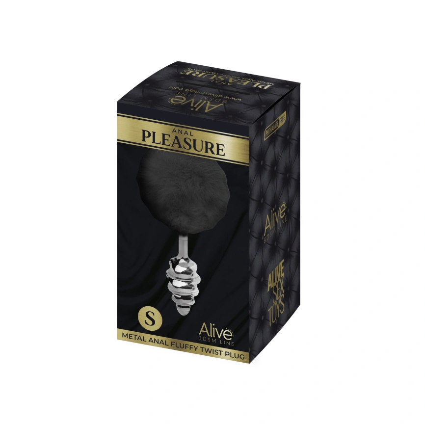 Металлическая анальная пробка Кроличий хвостик Alive Fluffy Twist Plug S Black, диаметр 2,9 см фото 3