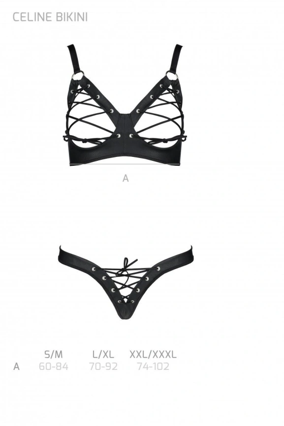 Комплект Passion CELINE BIKINI 2XL/3XL black открытый бра с лентами стринги со шнуровкой, экокожа фото 5