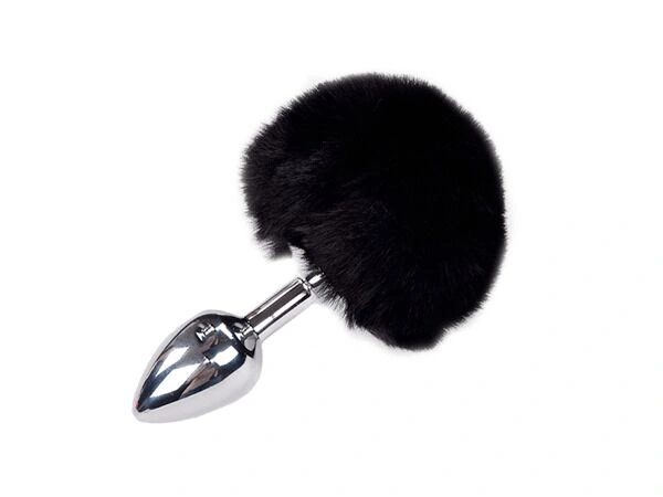 Металлическая анальная пробка Кроличий хвостик Alive Fluffy Plug S Black, диаметр 2,8 см фото 1