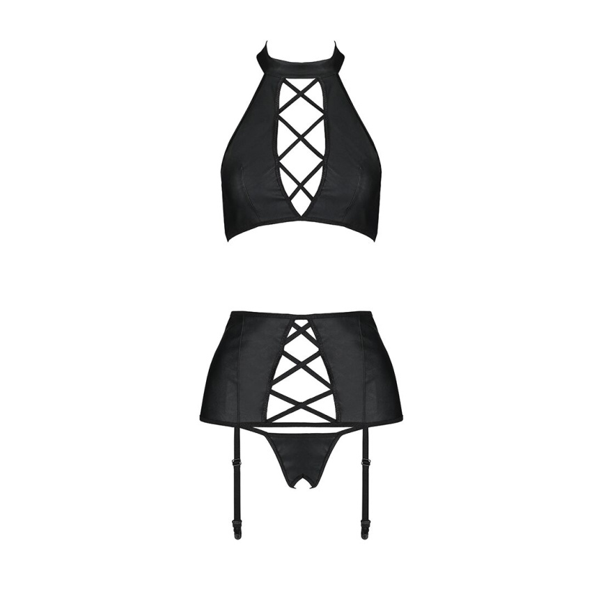 Комплект з еко-шкіри імітація шнурівки Passion NANCY SET XXL/XXXL black топ трусики пояс для панчіх фото 3
