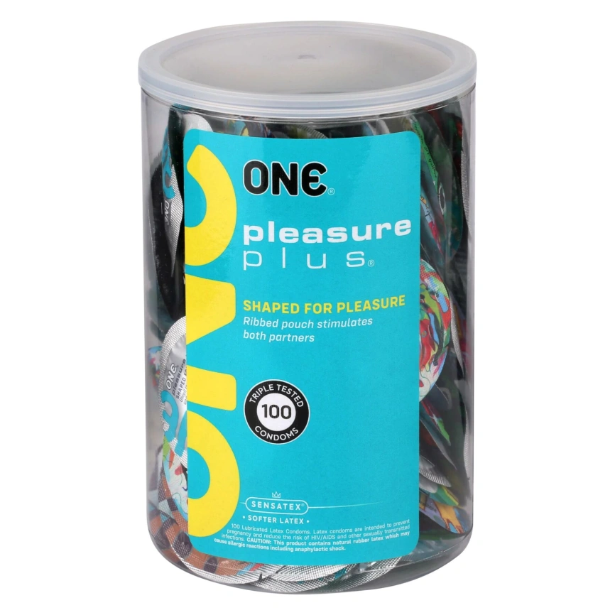 Набор презервативов ONE Pleasure Plus, 100 шт, с ребристым участком на конце, упаковка-тубус фото 1
