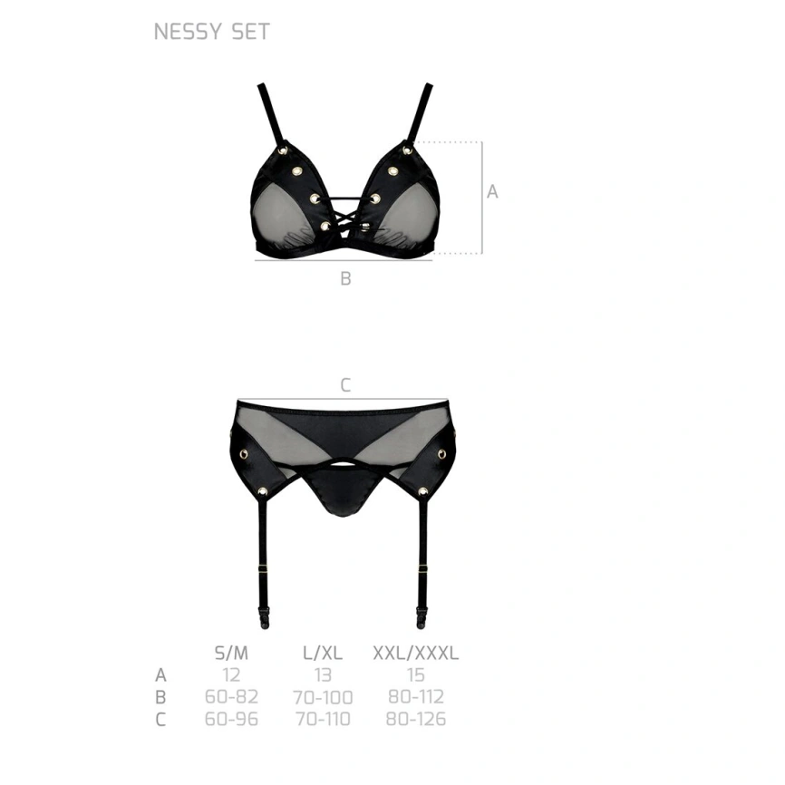 Комплект белья Passion NESSY SET XXL/XXXL black, бюстгальтер, пояс для чулок, стринги фото 12