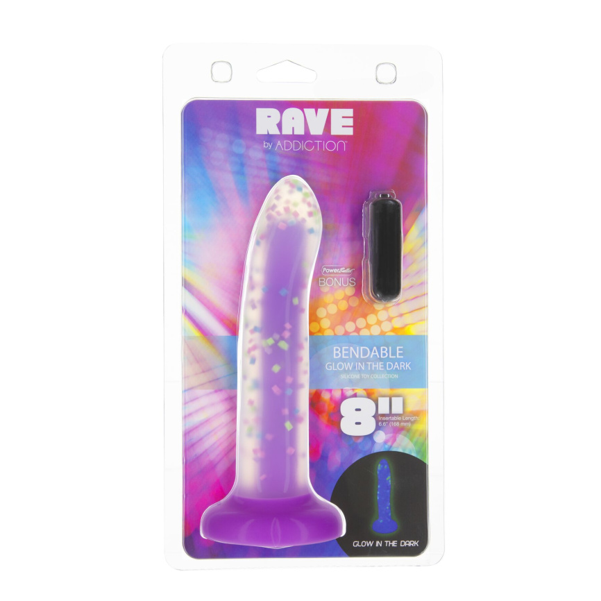 Фалоімітатор, що світиться в темряві, ADDICTION Rave 8″, Glow in the Dark Dildo Purple Confetti, 20,3 см фото 7