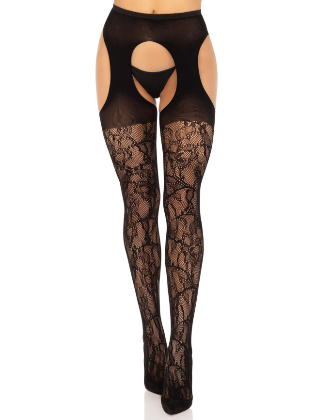 Стрип-колготки Leg Avenue Eyelet lace suspender hose, One Size, чорні, ажурні, з відкритим доступом фото 1
