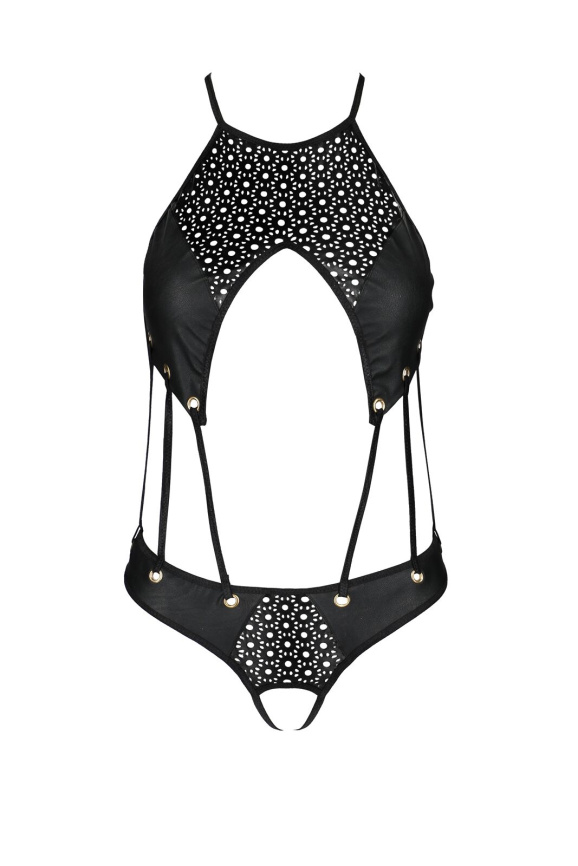 Боді з відкритим доступом Passion TASMINA BODY XXL/XXXL, black, екошкіра, шнурівки, ажурні мережива фото 3