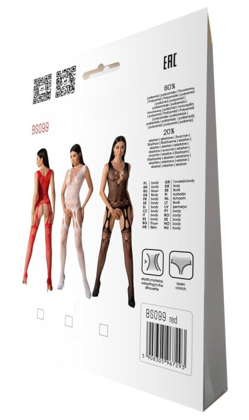 Бодістокінг з плетінням на грудях Passion BS099 One Size, red, відкритий доступ, імітація підв’язок фото 7