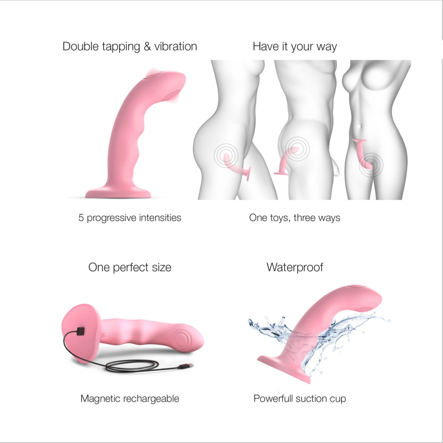 Насадка для страпона з подвійною точковою пульсацією Strap-On-Me TAPPING DILDO WAVE – CORAL PINK, М фото 3