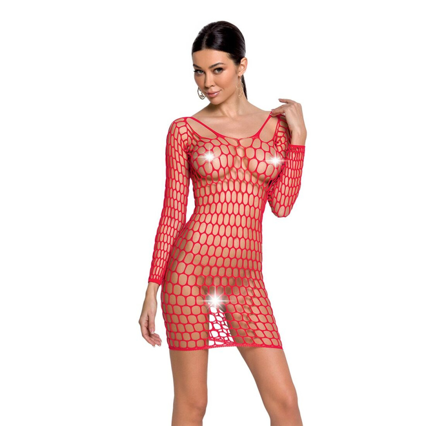 Бодістокінг-сукня з глибоким коміром Passion BS093 red, довгі рукави фото 1