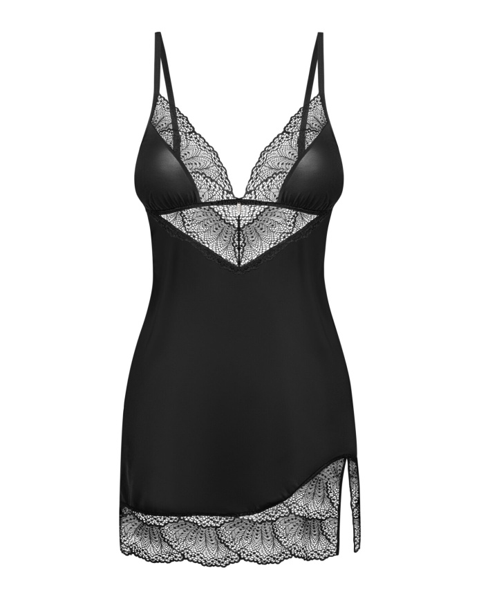Пеньюар Obsessive Lobellis chemise & thong, XS/S, чорний, мереживне оздоблення, стрінги в комплекті фото 3