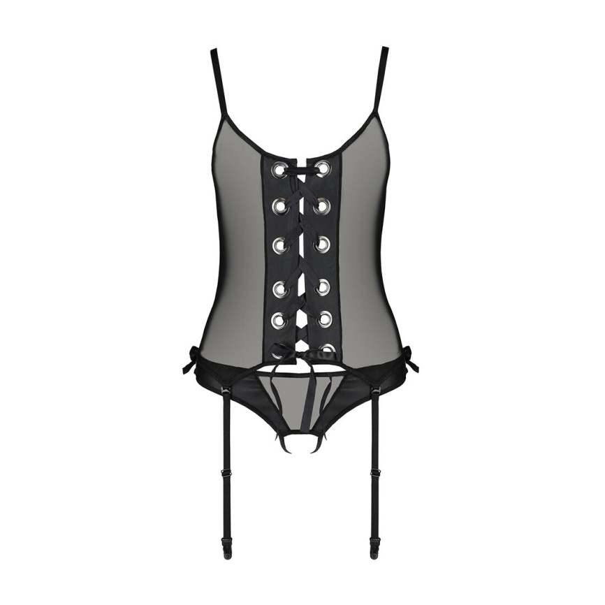 Корсет зі шнурівкою Passion NESSY CORSET XXL/XXXL black, стрінги з відкритим доступом, пажі для панч фото 10