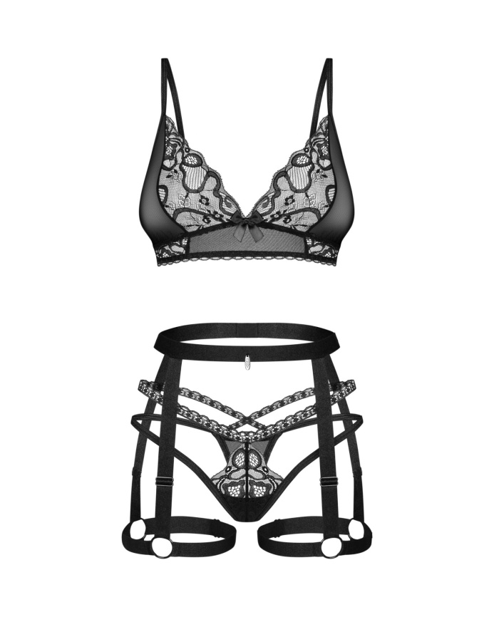 Комплект Obsessive Blomentis 3-pcs set, XS/S, м’який ліф, стрінги зі стрепами, пояс із гартерами фото 3