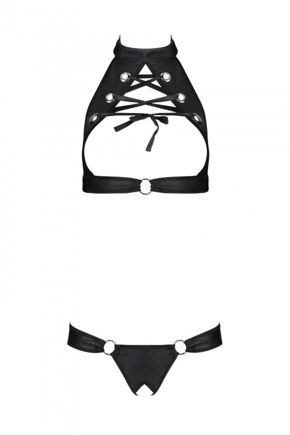 Комплект, открытый топ и трусики из эко-кожи с люверсами Passion MALWIA SET with Open Bra L/XL black фото 3