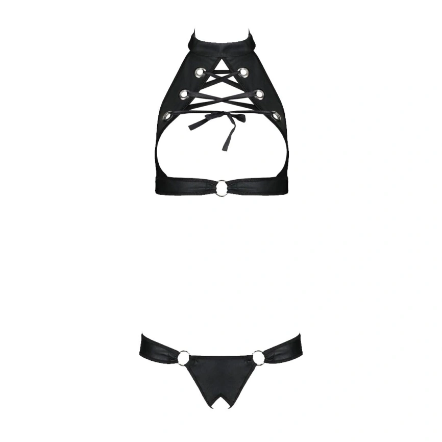 Комплект из экокожи Passion MALWIA SET with Open Bra 4XL/5XL black, топ и трусики с люверсами фото 7