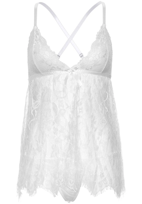 Сорочка беби-долл Leg Avenue Floral lace babydoll & string White S, стринги фото 3
