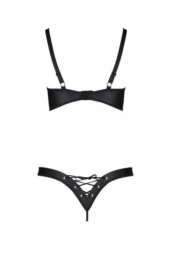 Комплект з екошкіри Passion CELINE BIKINI 6XL/7XL black, відкритий бра, стрінги зі шнурівкою фото 4