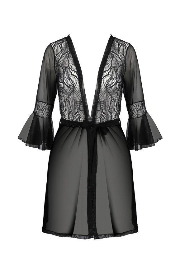 Пеньюар Passion LEAFA PEIGNOIR black S/M, довжина трохи вище коліна, широкі рукави, зав'язується на пояс фото 3