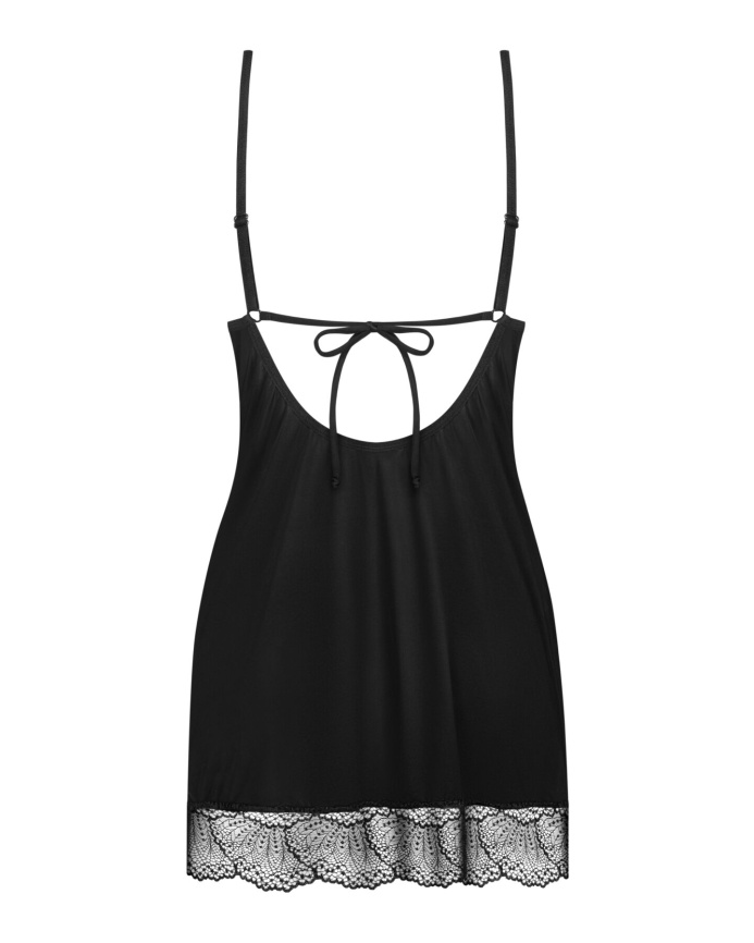 Пеньюар Obsessive Lobellis chemise & thong, XS/S, чорний, мереживне оздоблення, стрінги в комплекті фото 4
