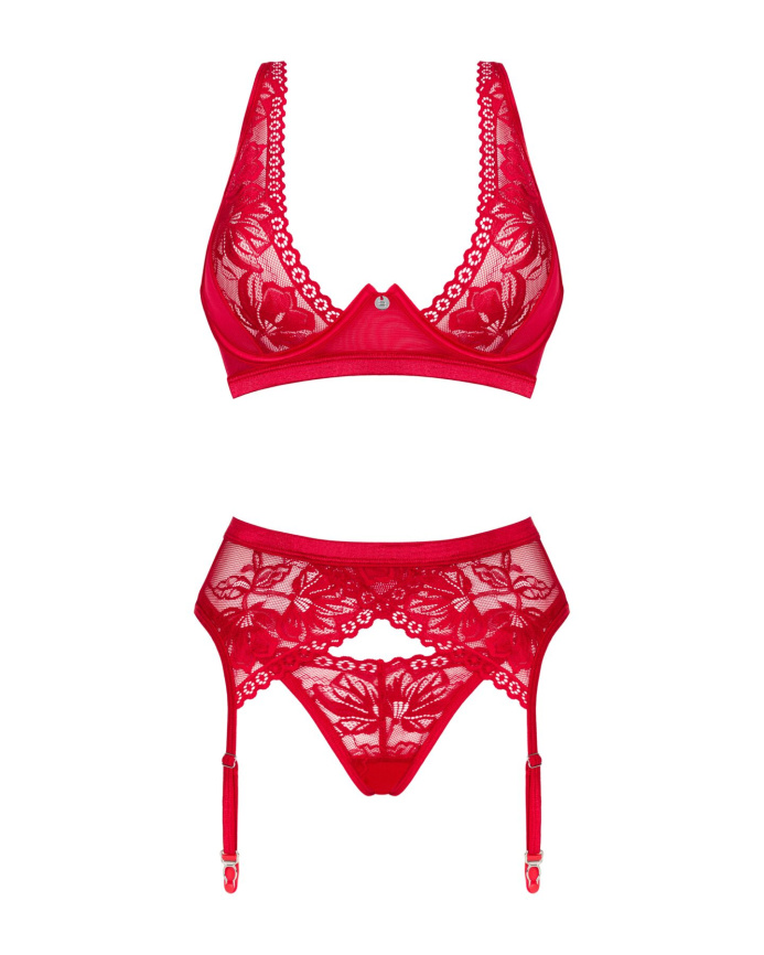 Комплект білизни Obsessive Lacelove cupless 3-pcs set XL/2XL Red, бюстгальтер, стрінги, пояс для панчіх фото 3