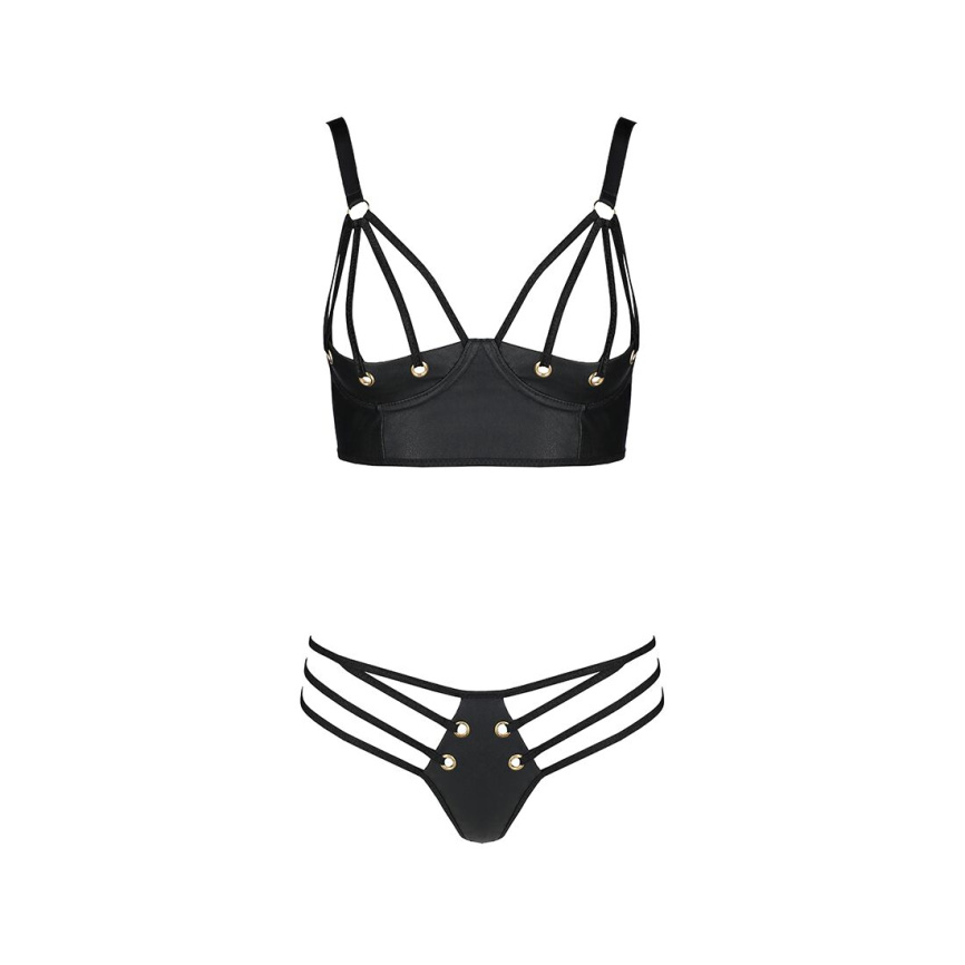 Комплект з екошкіри з люверсами та ремінцями Passion MALWIA BIKINI S/M, black, бра та трусики фото 3