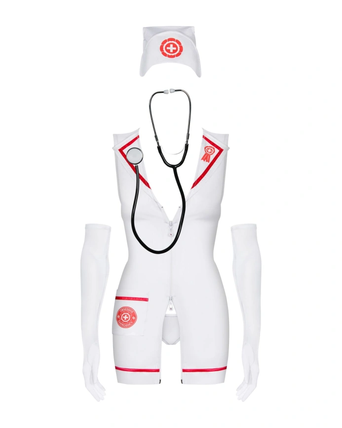Эротический костюм медсестры Obsessive Emergency dress S/M, white, платье, стринги, перчатки, чепчик, стетоскоп фото 2
