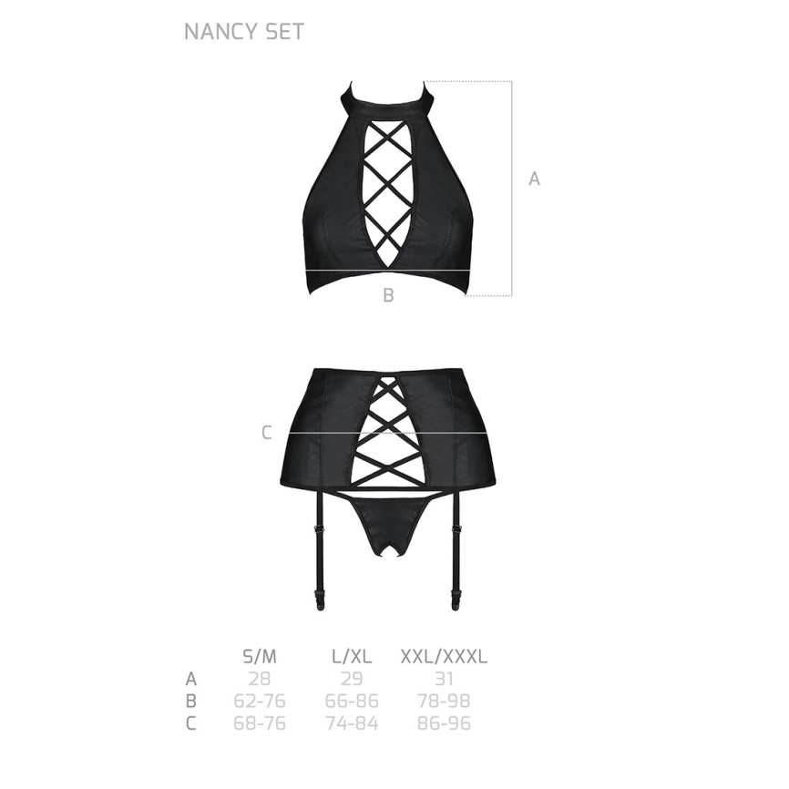 Комплект з еко-шкіри імітація шнурівки Passion NANCY SET XXL/XXXL black топ трусики пояс для панчіх фото 5