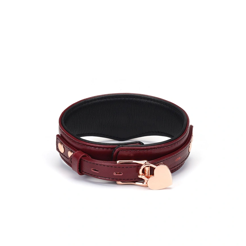 Кожаный ошейник с поводком Liebe Seele Wine Red Curved Collar, замок-сердечко фото 2