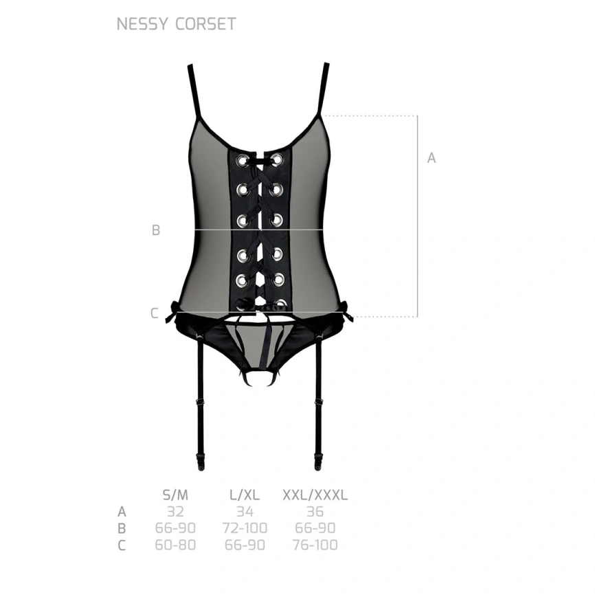 Корсет со шнуровкой Passion NESSY CORSET L/XL black, стринги с открытым доступом, пажи для чулок фото 12