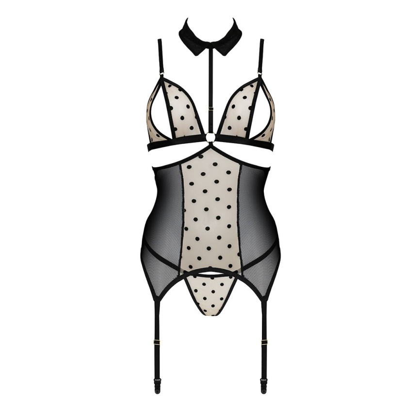 Корсет з відкритими грудьми Passion DOMINICA CORSET S/M beige, пажі для панчіх, стрінги фото 10