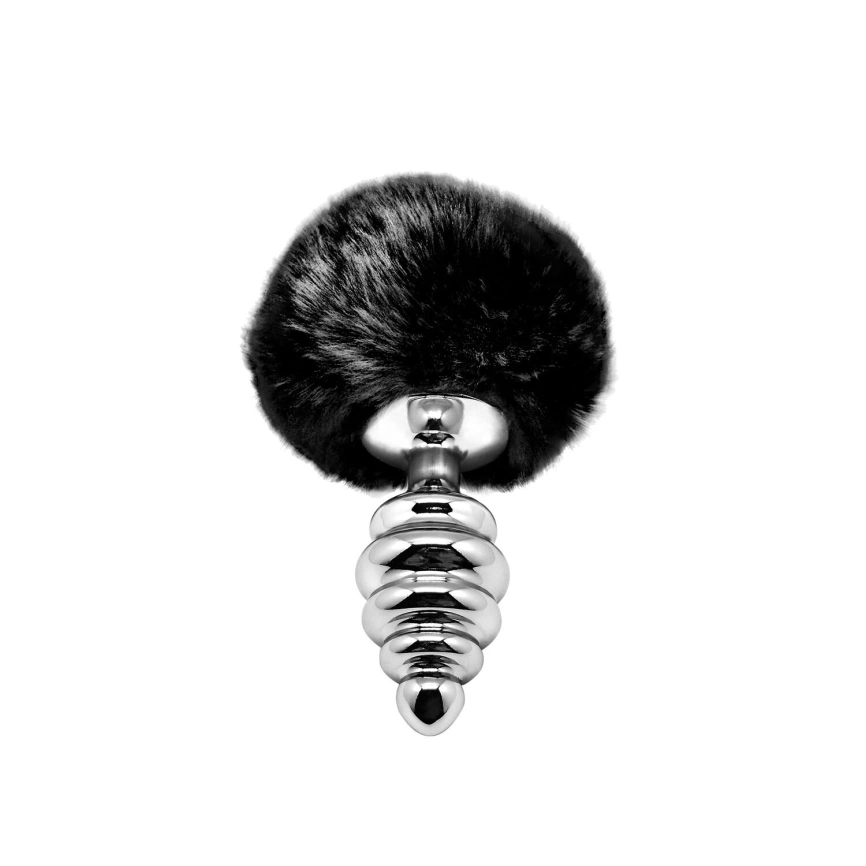 Металлическая анальная пробка Кроличий хвостик Alive Fluffy Twist Plug M Black, диаметр 3,4 см фото 1