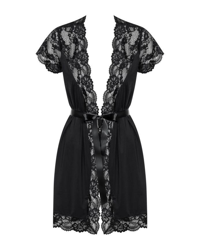 Сатиновий відкритий пеньюар на поясі Obsessive 810-PEI–1 peignoir black 2XL/3XL, чорний фото 5