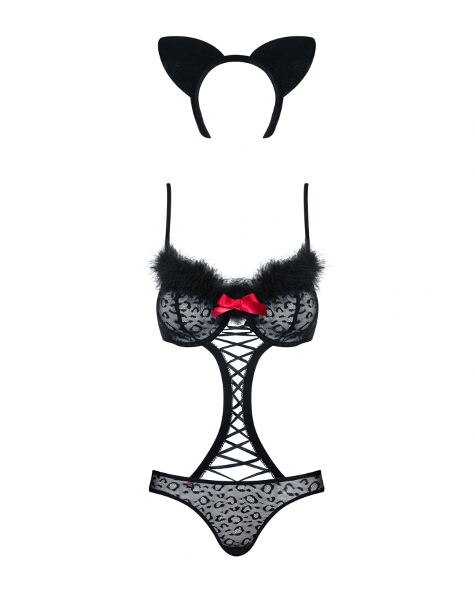 Эротический костюм гепарда Obsessive Gepardina 3 pcs costume S/M, черный, меховая отделка, монокини, фото 5