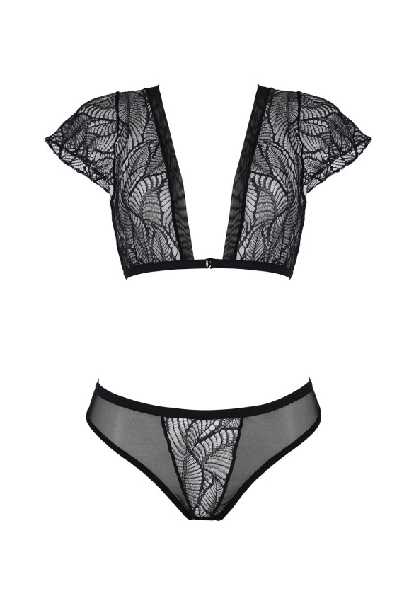 Комплект Passion LEAFA BIKINI black S/M, бюстгальтер-топ з рукавчиками, стрінги-шортики з вирізом фото 3