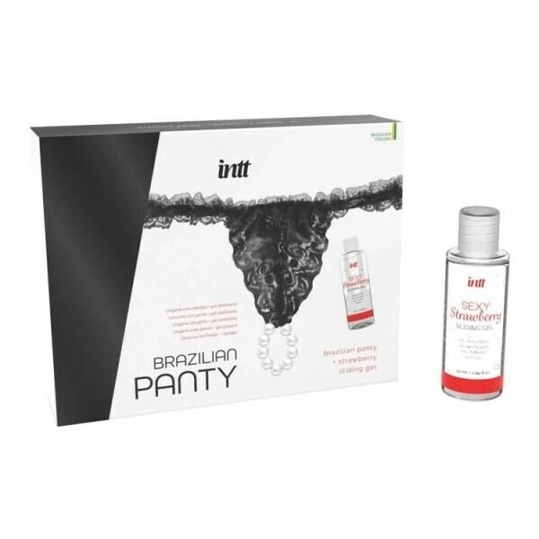 Набор Intt BRAZILIAN PANTY BLACK: трусики на резинке S-XL с жемчужным кольцом + клубничная смазка фото 2